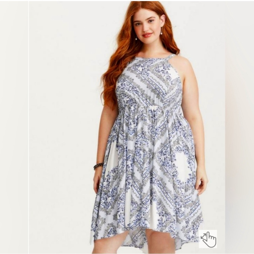 Torrid‎ Challis High Neck Sun Dress Blue White Floral Midi Fit & Flare Picnic 2X